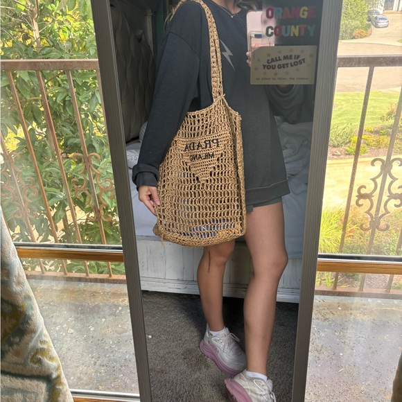 Prada Handbags - Prada Natural Straw Knit Tote with Black Logo